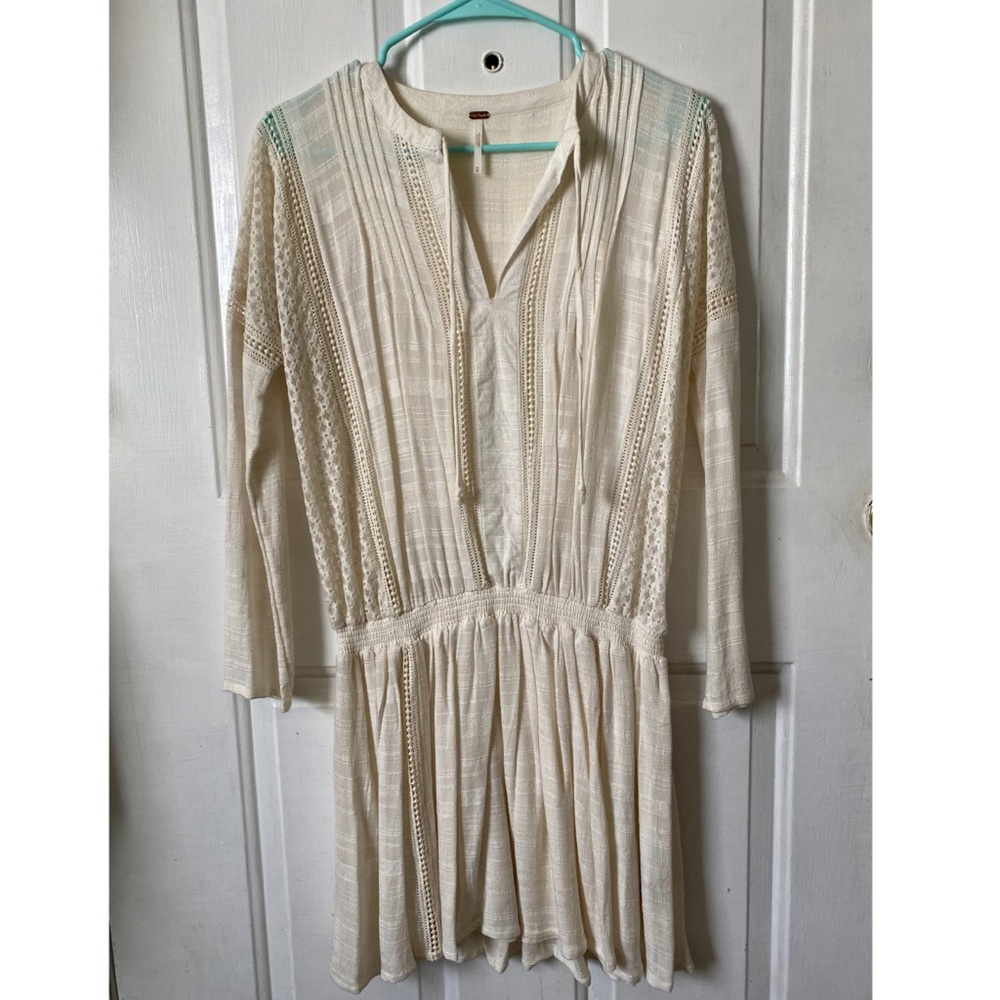 Free People Lace Tie Front Flow Long Sleeve Mini Dress | Size XS | Cream